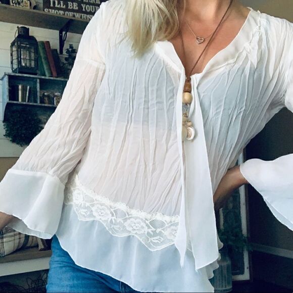 Robbie Bee Tops - Vintage White Semi-Sheer Lace Trim Blouse
